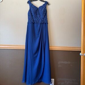 JJ’s house floor length cross over sequin and lace top special occasion dress